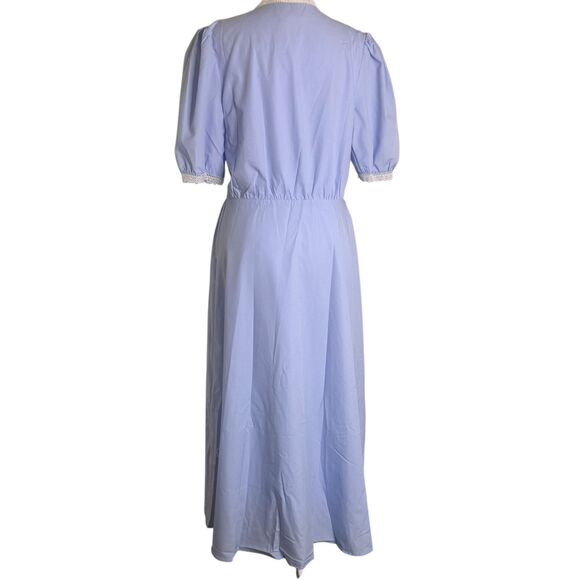 Rihoas Midi Dress Lace Trim Puff Sleeve V Neck Woven Blue S NWT - Picture 3 of 5